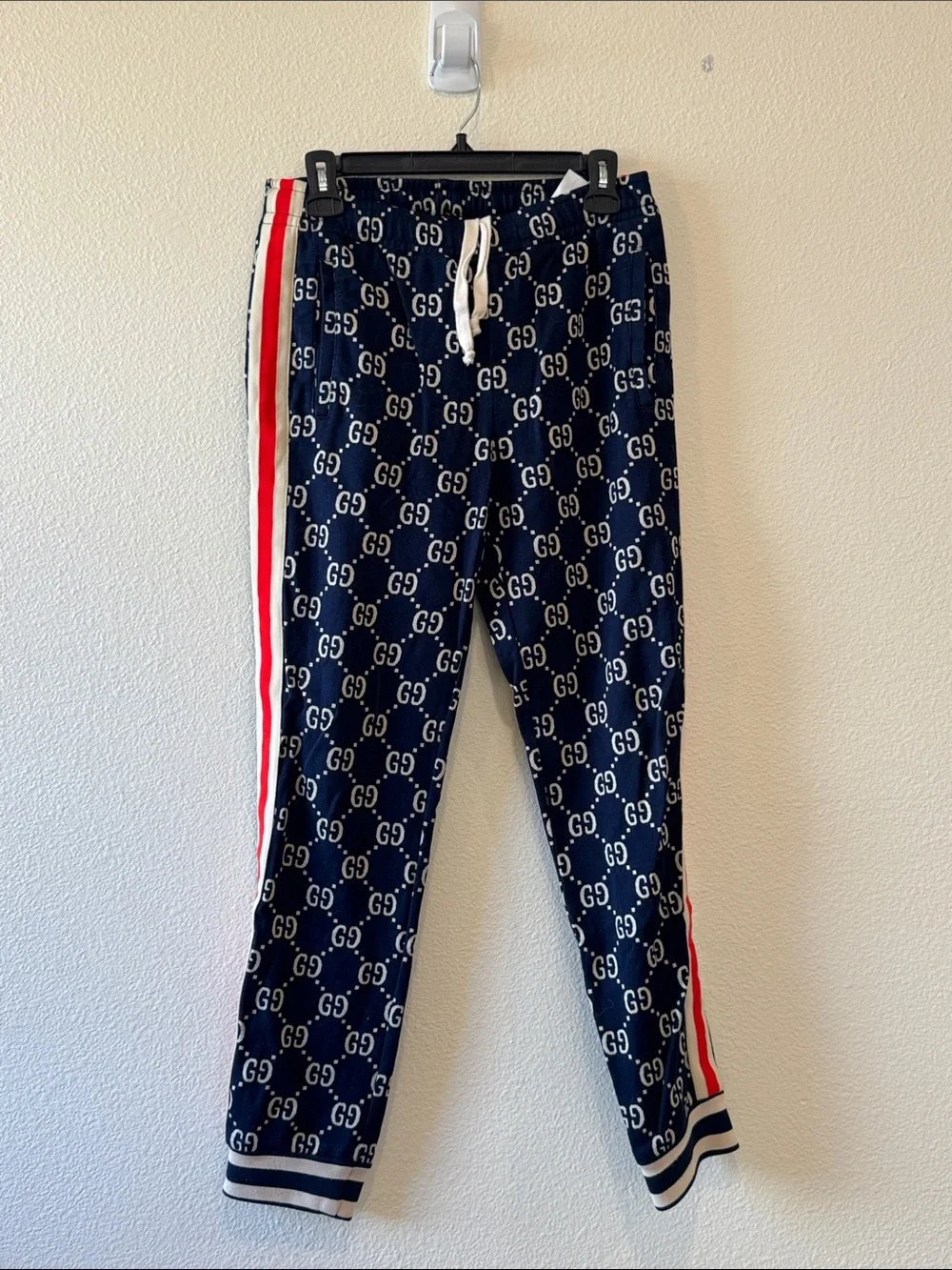 Gucci Navy GG Monogram Joggers with Red Side Stripes